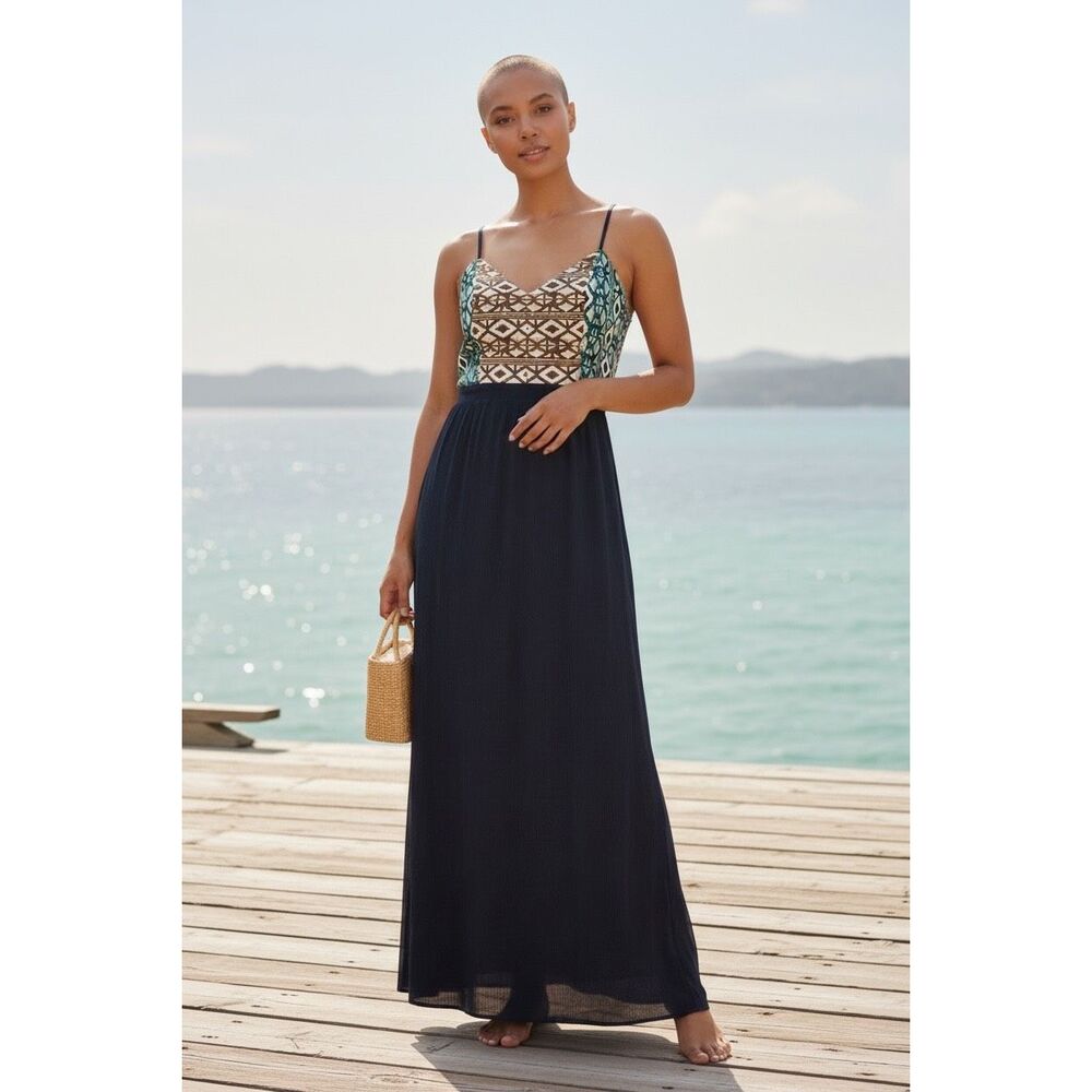 Flying Tomato Navy Blue Embroidered Boho Maxi Dress Lace Up Back Small Petite